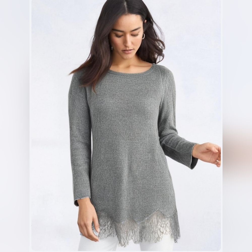Guess Gray Fuzzy Eyelash Style Tunic Lace Hem Sweater